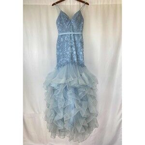Camille La Vie Sz 2 Blue Mermaid Beaded Lace Embroidered Tiered Tulle Ballgown